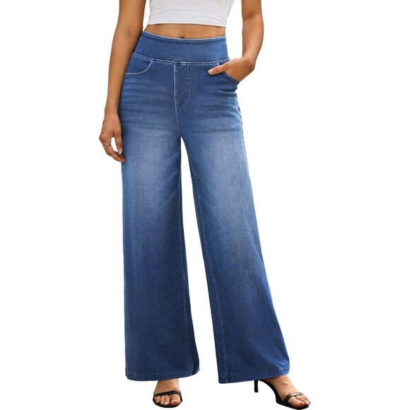 Wide Leg Jeans Women High Waisted Stretchy Casual Denim Pants - Picture 2 of 7